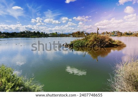 Island in the middle of Cunningham Lake on a sunny day, San Jose, south San Francisco bay area, California
