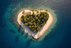 Eine Insel Im Ozean Mit Herzförmigen Palmen, Draufsicht, Generative AI
