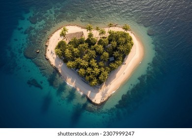An island in the ocean with heart-shaped palm trees, top view, Generative AI