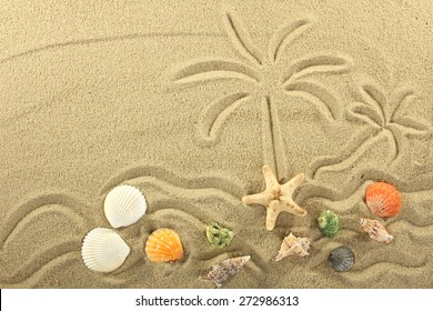island in the ocean and palm trees painted on the sand 