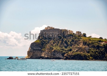 The island of Procida seen from the sea, with D'Avalos palace on the hill, the former prison