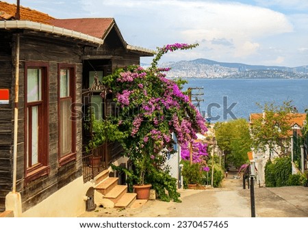 Island street stairs leading to sea between beautiful old traditional houses, trees and flowers under summer sky, Heybeliada Prince Islands, Adalar Istanbul Turkey.