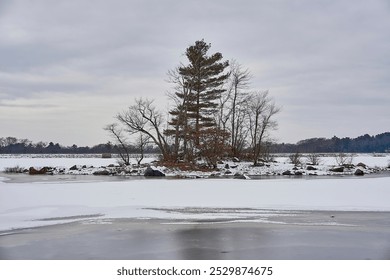 Island with trees on it, in the middle of a frozen snow covered lake. - Powered by Shutterstock