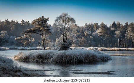 island with trees and plants in winter landscape in the dutch forest of Goirle  with frozen water and ice on the grass and trees - Powered by Shutterstock