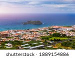 Island of Vila Franca do Campo from the chapel of Nossa Senhora da Page. San Miguel Island, Portugal. Travel to the Azores. Island of Vila Franca do Campo near San Miguel island, Azores, Portugal.