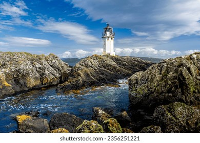 Isle of Bute, UK, July 2023, Rubh an Eun Lighthouse in Glencallum Bay