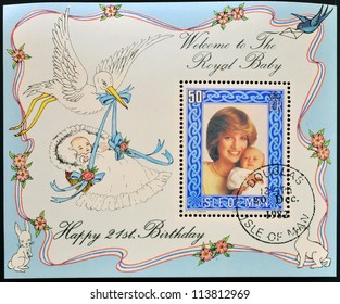 ISLE OF MAN - CIRCA 1982: A Stamp Printed In Isle Of Man Shows  A Portrait Of Diana Of Wales With His Son William, On His 21st Birthday, Circa 1982