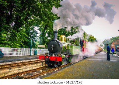 Isle Of Man, Douglas, 7 June 2016: Steam Locomotive On Railroad Station Douglas Station,Isle Of Man.Green Steam Locomotive On Rail Station.Steam Railway Road Isle Of Man.Locomotive On The Rail Station