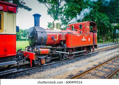 Isle Of Man Douglas June 2 2016: Retro Steam-hauled Railway Train In Restored Heritage Carriages. Douglas Railway Station To Board The Isle Of Man Steam Railway,the Island Oldest Victorian Rail System