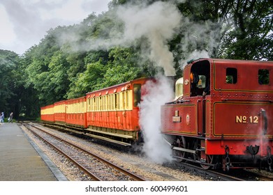 Isle Of Man Douglas June 2 2016: Old Vintage Train Railways Of The Isle Of Man. Old Douglas Steam Railway Station, Banks Circus, Douglas. Train From Side Front Steam Line In Britain Old Train Station