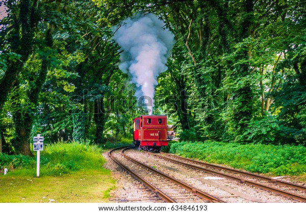 Isle of Man Douglas June 2 2016:Arriving steam train on\
green forest background. Blurred photograph of a train arriving to\
the train station.Vintage Red train arriving at steam railroad\
station 
