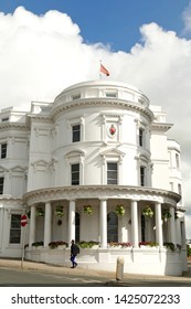 Isle Of Man UK. House Of Keys The Tynwald Or Parliament Building In Douglas, Former Bank. To Left Is Government Offices Building And To Right The Legislative Building. Flying The Manx Flag.