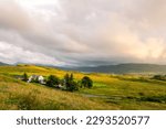 Isle of Skye landscape with dramatic sky at sunset, Scotland, UK