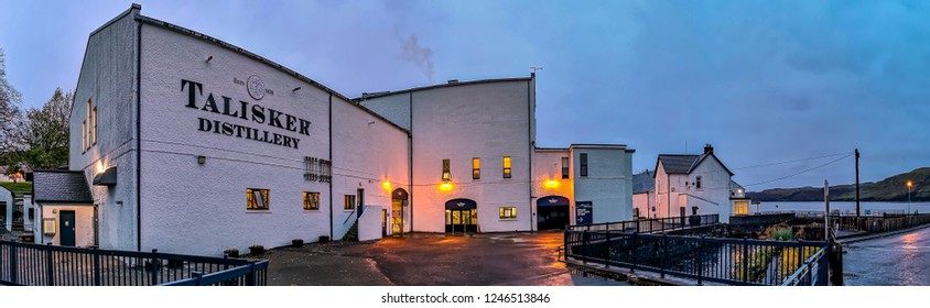 ISLE OF SKYE / SCOTLAND - OCTOBER 10 2018: Talisker distillery is an Island single malt Scotch whisky distillery based in Carbost, Scotland on the Isle of Skye