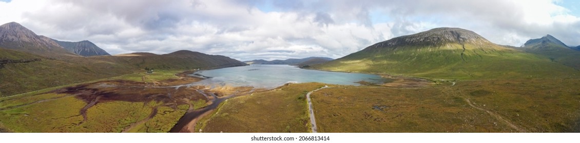 Isle of Skye, Scotland - September 7, 2021:  Stitched aerial perspective from near Loch Ainort towards Marsco and the Cuillins and Glamaig, Isle of Skye, Scotland