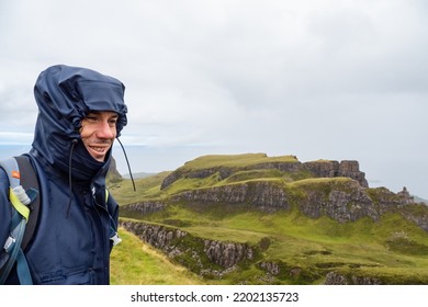 Isle Of Skyec , Scotland - August 2nd 2022 - Hiker Hiking The Quirang Trail On The Isle Of Skye During Summer