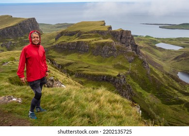 Isle Of Skyec , Scotland - August 2nd 2022 - Hiker Hiking The Quirang Trail On The Isle Of Skye During Summer