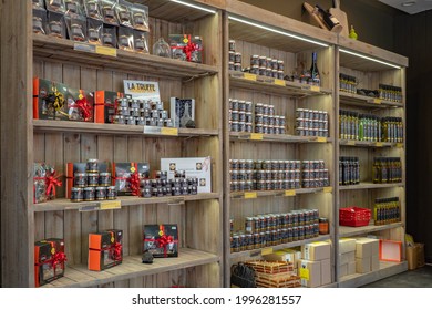 Isle sur Sorgues - France - June 15th 2021 - Shelves full of various truffle products inside truffle store