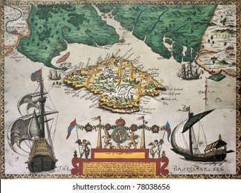 Isle Of Wight Old Map Ans Southern England. By Baptista Boazio, Published In England, 1591.