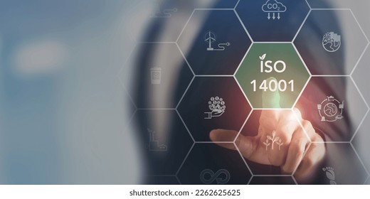 ISO 14001 concept. The international standard for environmental management systems (EMS). Identify, control and reduce the environmental impact of activities, products and service. Sustainability goal