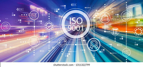 ISO 9001 with abstract high speed technology POV motion blur