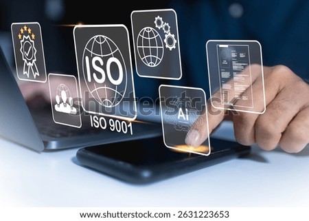ISO 9001 digital certification interface with AI integration, global network, teamwork, and process automation. Concept of quality control and digital compliance