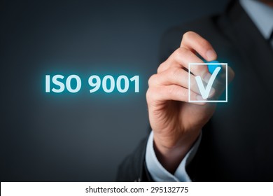 ISO 9001 - quality management system. Businessman select ISO 9001 certification.