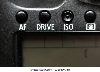 Iso Button On A Camera Shot On A Black Background. Drive Button