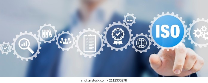 ISO certification process and quality management for business and companies. Certified by International Standard Organization. QA, standardization and continuous improvement. Requirements, conformity. - Shutterstock ID 2112330278