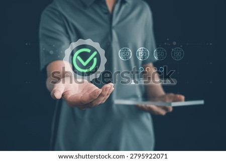 ISO certification and quality management concept with digital compliance verification interface, showcasing standards approval, quality assurance, auditing, governance, and business excellence.