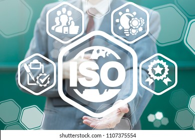 ISO Quality Standards Certified Management Organizations concept. Global Certification System. Businessman offers a earth globe icon with word iso surrounded by specific icons.