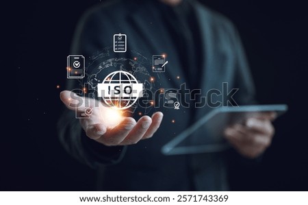 ISO standards quality control, Certification and standardization process, iso certified business, conformity to international standards and quality assurance concept. Person show certificate icon