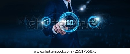 ISO standards, quality management systems, compliance, businessman touch of ISO icon Data exchange on digital network connection, international trade facilitation, supply chain management.