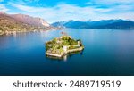 Isola Bella and Stresa town aerial panoramic view. Isola Bella is one of the Borromean Islands of Lago Maggiore in north Italy.