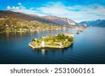 Isola Bella and Stresa town aerial panoramic view. Isola Bella is one of the Borromean Islands of Lago Maggiore in north Italy.