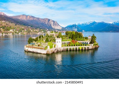 Isola Bella and Stresa town aerial panoramic view. Isola Bella is one of the Borromean Islands of Lago Maggiore in north Italy.
