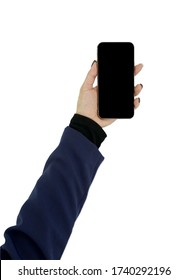 Isolate A Business Woman Hand With Navy Long Sleeve Suit Holding A Mobile Phone On White Background.