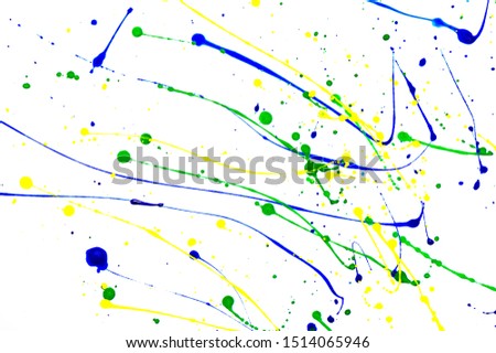 Isolate image of blue green and yellow painting using color flicking technique on white background