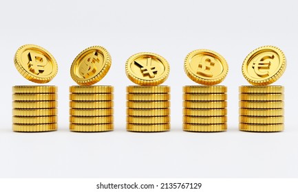 Isolate of main currency on golden coin stacking include dollar euro pound sterling yen yuan and Ruble on white background for currency exchange concept by 3d rendering. - Shutterstock ID 2135767129