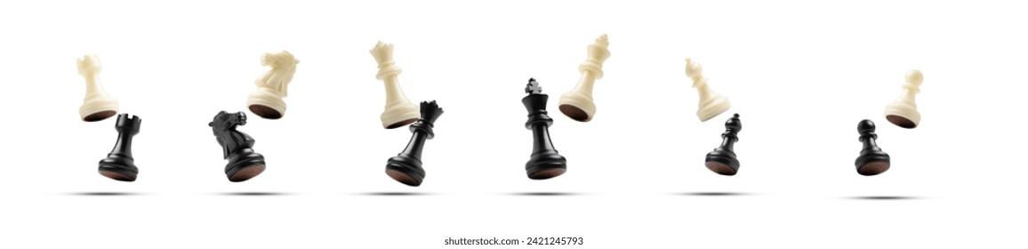 Isolate of set chess fighting include King, queen, bishop, knight, pawn, rook on white background with clipping path. - Powered by Shutterstock