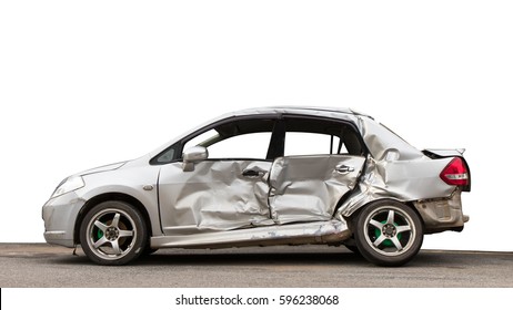 Isolate side of the car, the color of Braun White, which crashed with another car until it was demolished. - Shutterstock ID 596238068