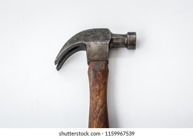 Isolate steel head vintage hammer wood handle, Vintage grunge rust hammer head on white background 