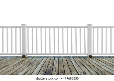 Isolate wooden white balcony with perspective grunge wood floor on white background