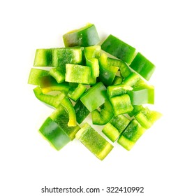 Isolated Aerial Of Green Capsicum Chopped Up Into Pieces