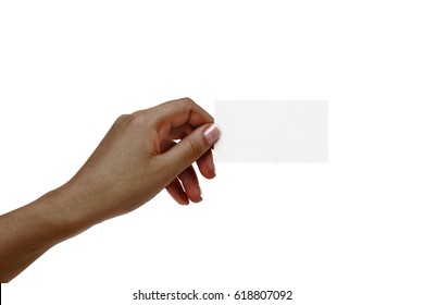 Isolated African Female Hand Holds White Card On A White Background.