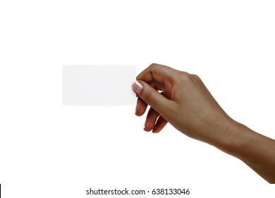 Isolated African Female Hand Holds White Card On A White Background.