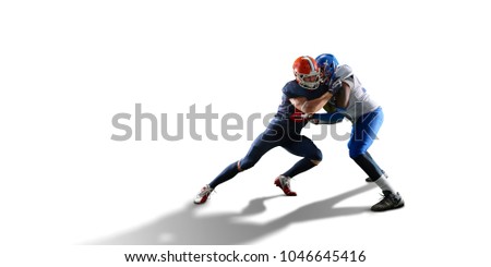 Isolated American football players fight for the ball in white background