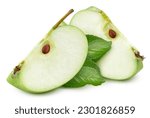 Isolated apple slice with leaf. Green apple fruit on white background with clipping path. As design element.