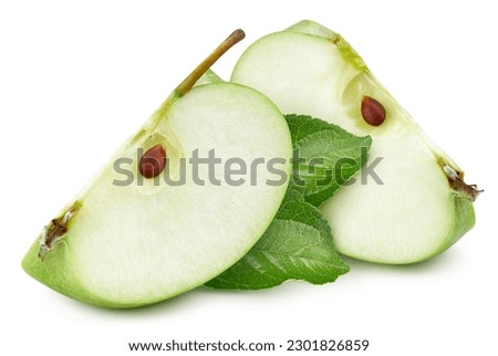 Isolated apple slice with leaf. Green apple fruit on white background with clipping path. As design element.