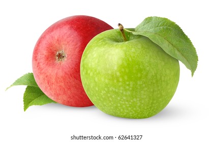 Isolated Apples. One Green And One Red Apple With Leaves Isolated On White Background